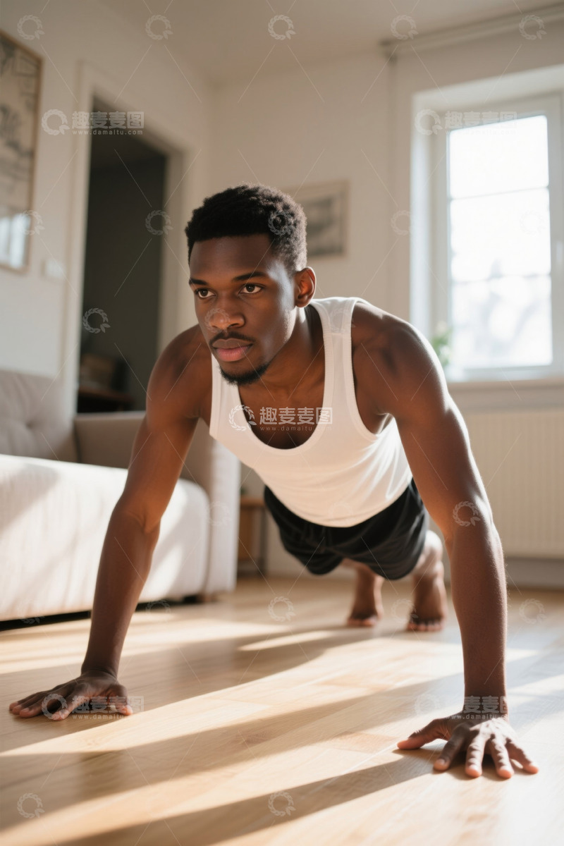 高清大图下载【趣麦麦图】阳光洒在木地板上黑人男子在家做平板支撑