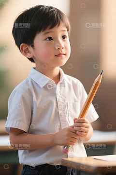 小学生握着铅笔认真思考