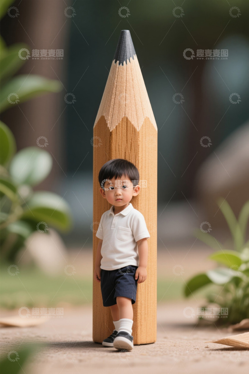 高清大图下载【趣麦麦图】巨型铅笔旁的小男孩