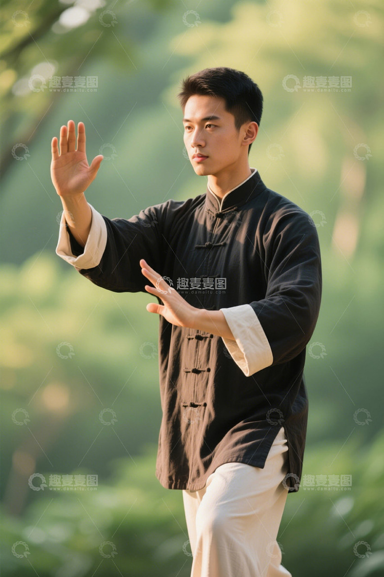 青年男子公园练太极动作优美