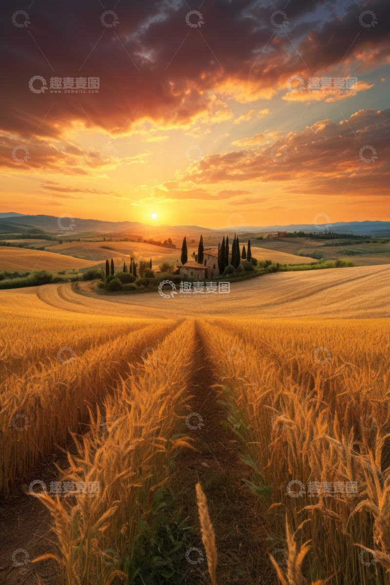 高清大图下载【趣麦麦图】麦田夕阳下的乡村风景