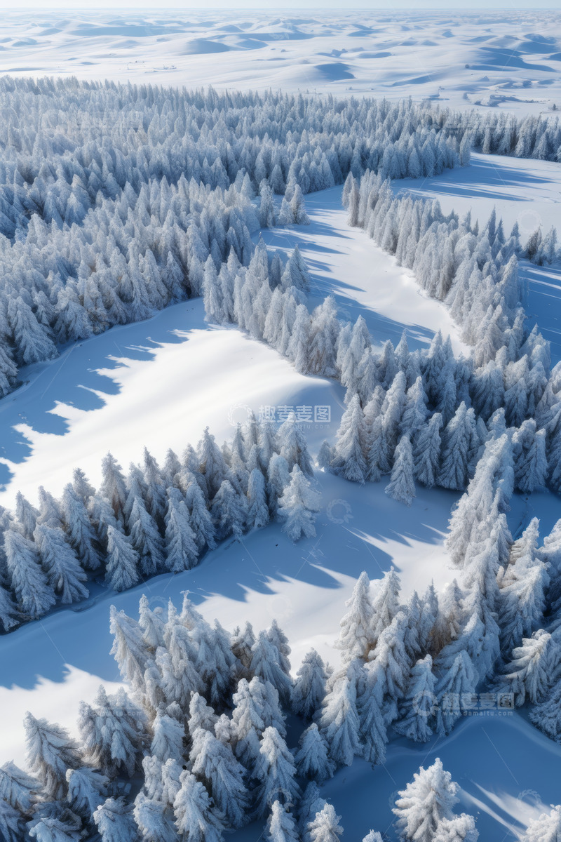 高清大图下载【趣麦麦图】冬日雪覆盖森林航拍景象