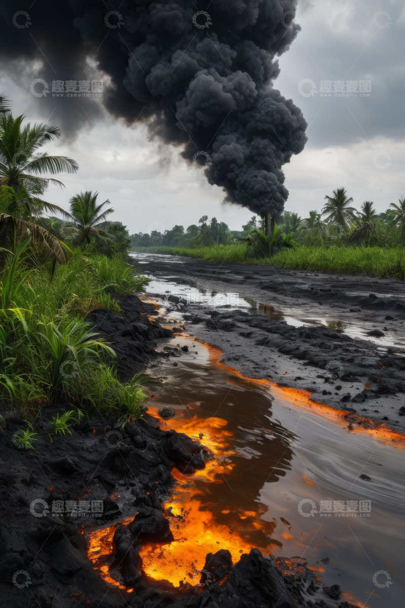 高清大图下载【趣麦麦图】野外燃烧的黑色浓烟与熔岩景象