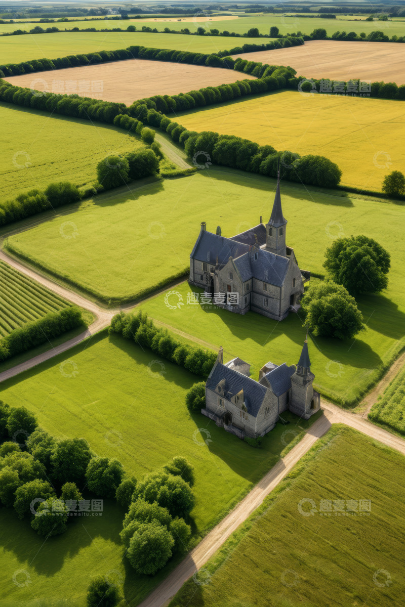 高清大图下载【趣麦麦图】航拍田野间的古老建筑