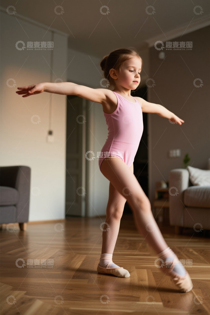 高清大图下载【趣麦麦图】可爱女孩在家练习芭蕾舞