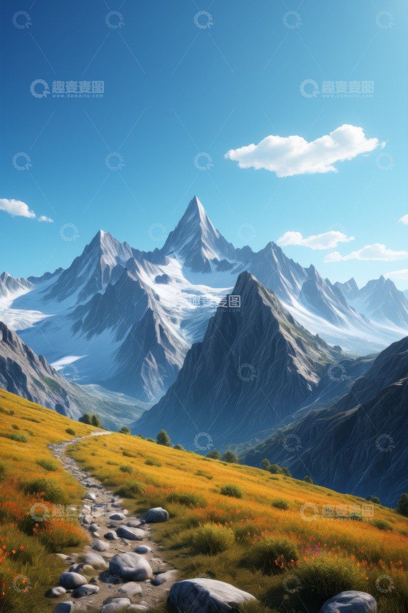 高清大图下载【趣麦麦图】山间草地与雪山风景