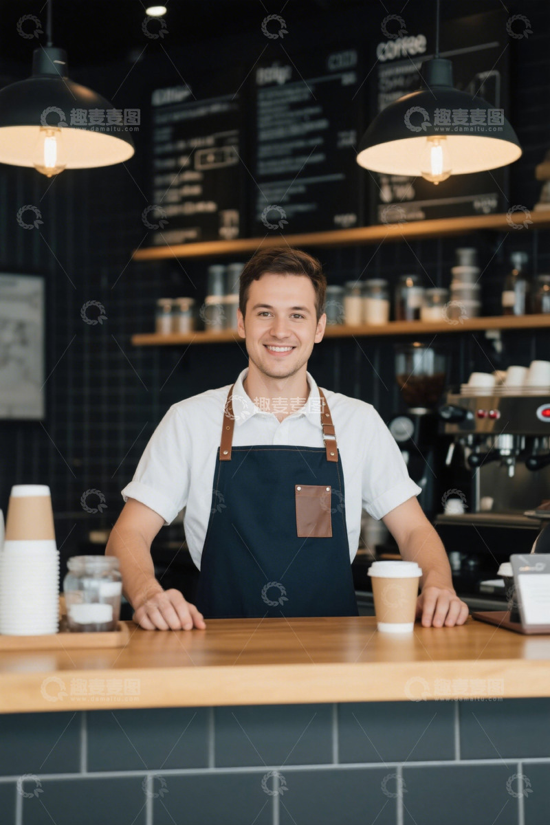 高清大图下载【趣麦麦图】咖啡店男员工微笑服务顾客