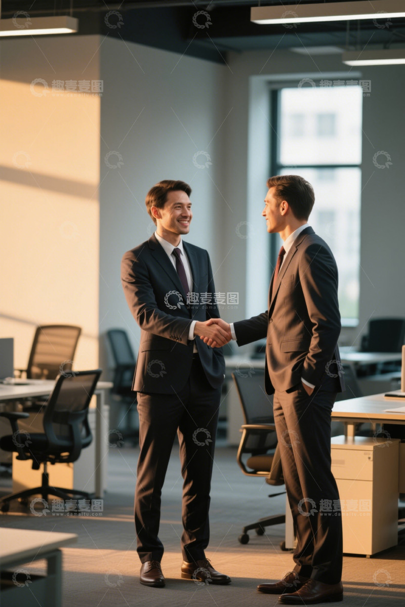 高清大图下载【趣麦麦图】办公室里握手致意的两位年轻商务人士