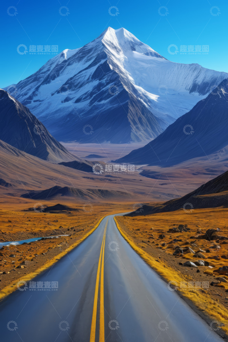 高清大图下载【趣麦麦图】公路尽头的雪山自然风光