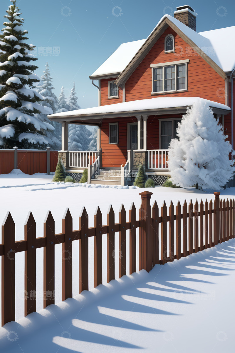 高清大图下载【趣麦麦图】雪后红顶木屋与围栏景观