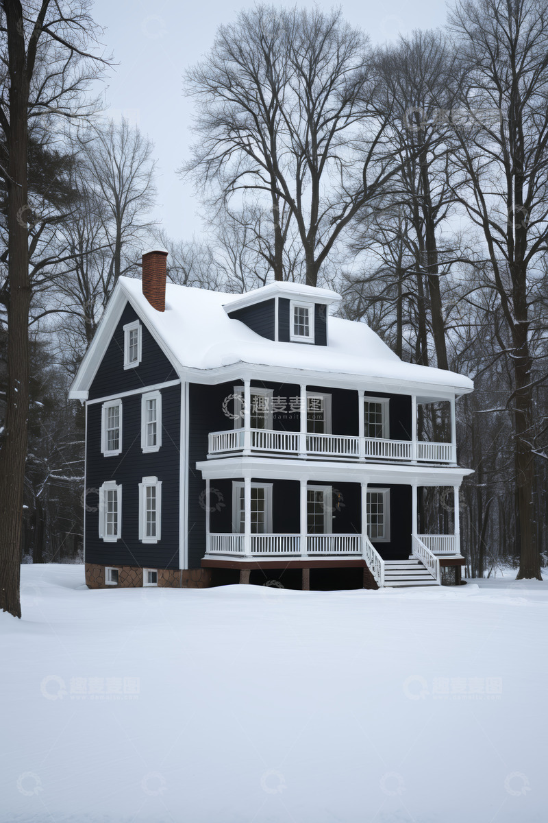 高清大图下载【趣麦麦图】雪后林间独栋住宅景象