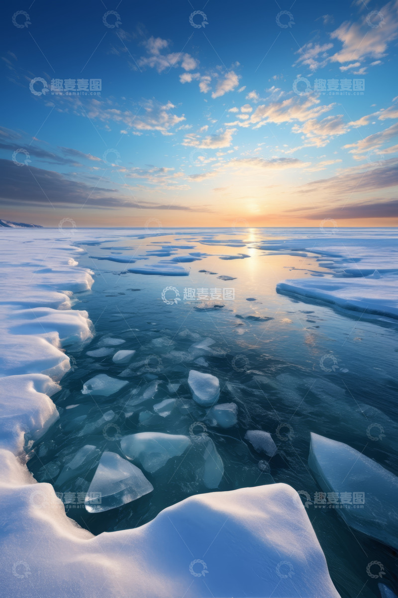 高清大图下载【趣麦麦图】冰雪覆盖的海洋日落景观