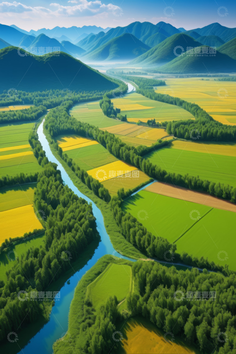 高清大图下载【趣麦麦图】田野河流山川自然风光俯瞰