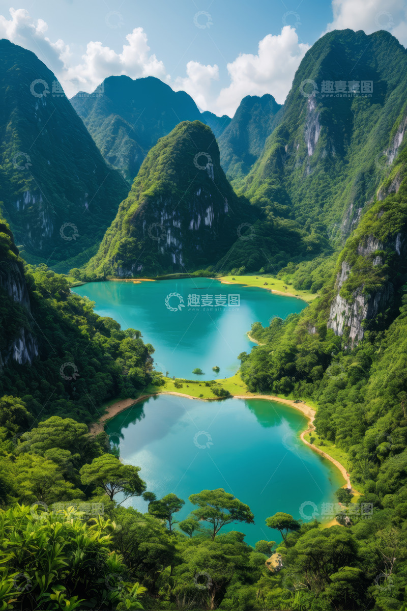 高清大图下载【趣麦麦图】青山环绕的碧绿湖泊风光