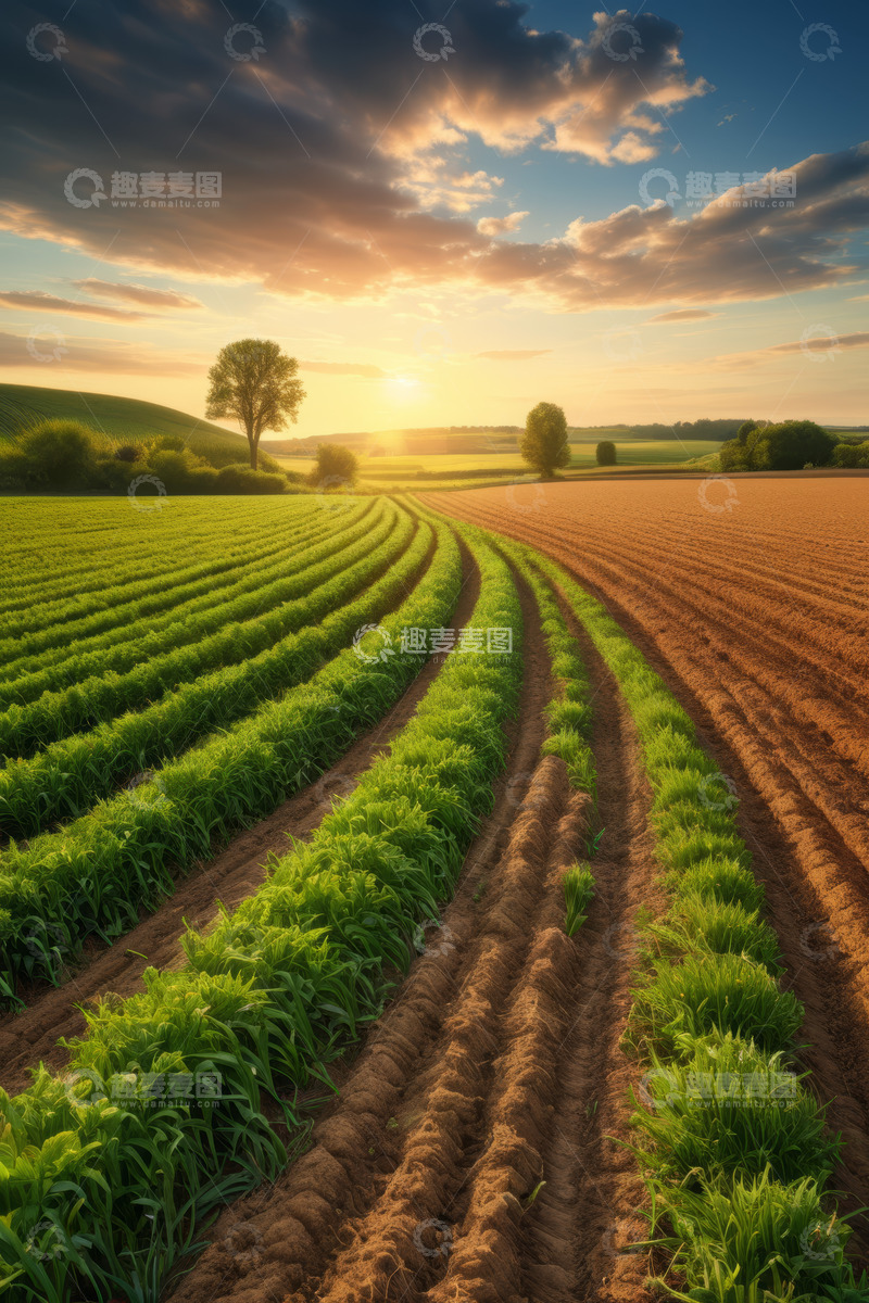 高清大图下载【趣麦麦图】田野夕阳下的农业风光