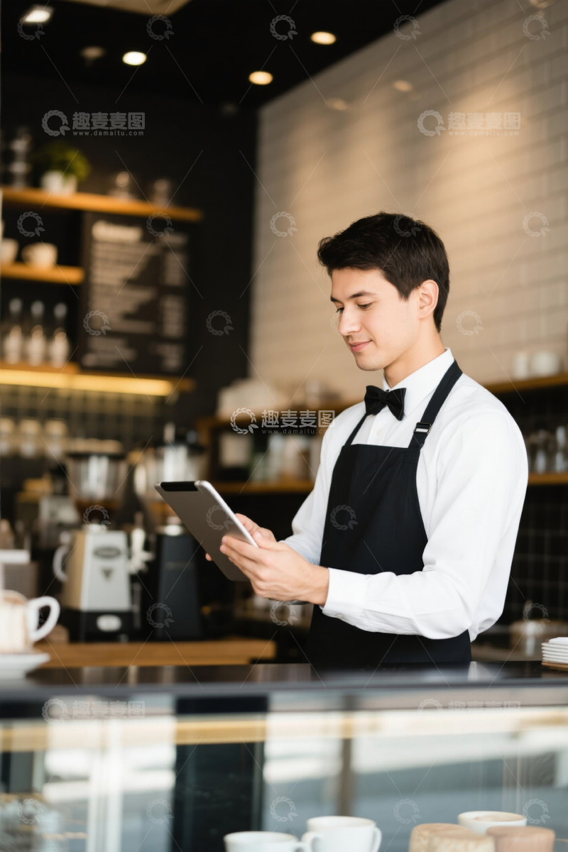高清大图下载【趣麦麦图】咖啡店男服务员使用平板电脑
