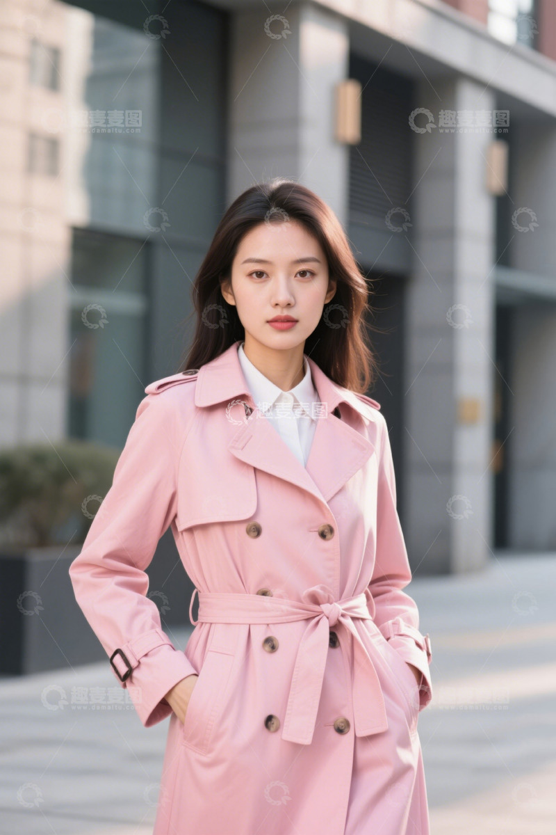 高清大图下载【趣麦麦图】粉色风衣女子街拍时尚写真