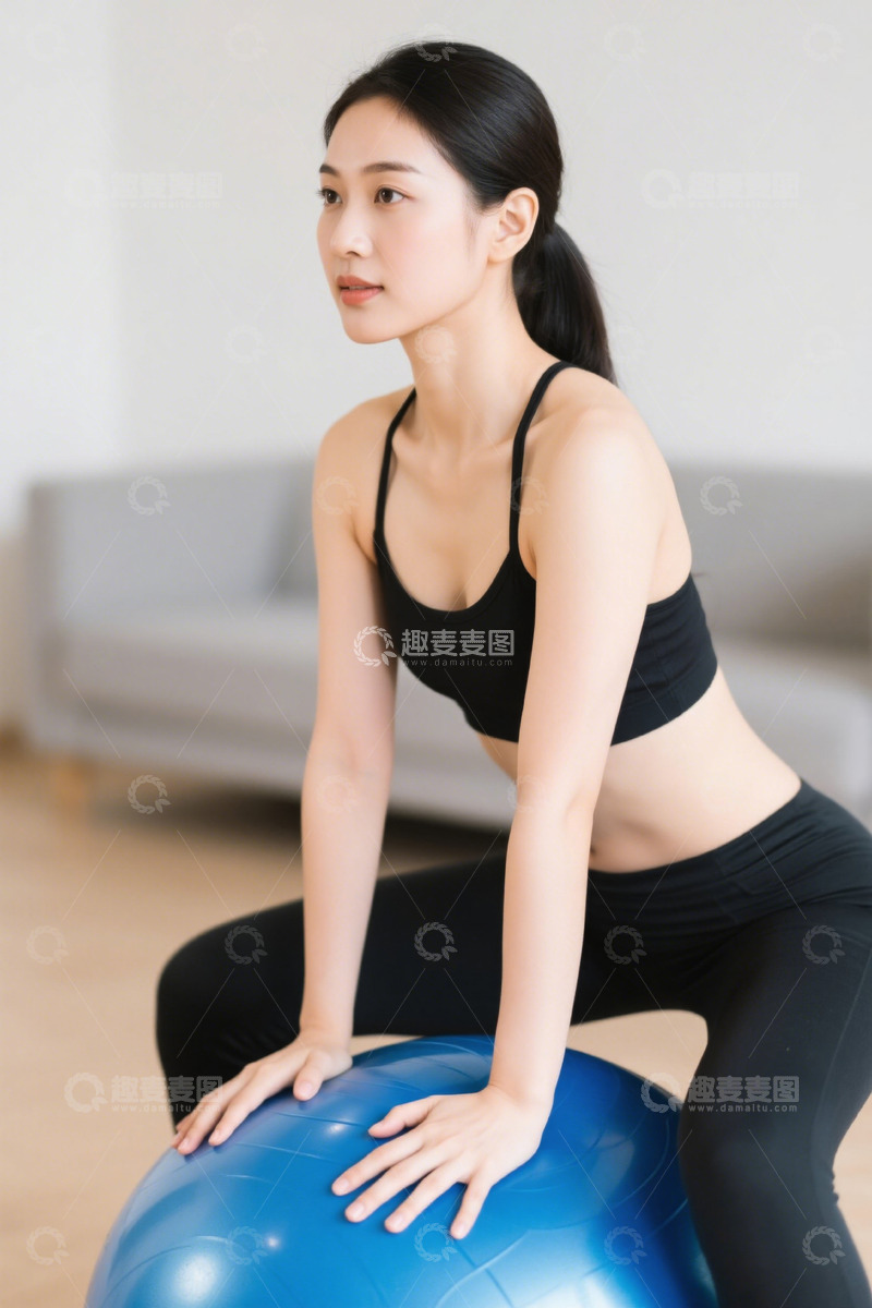 高清大图下载【趣麦麦图】年轻女子健身球运动