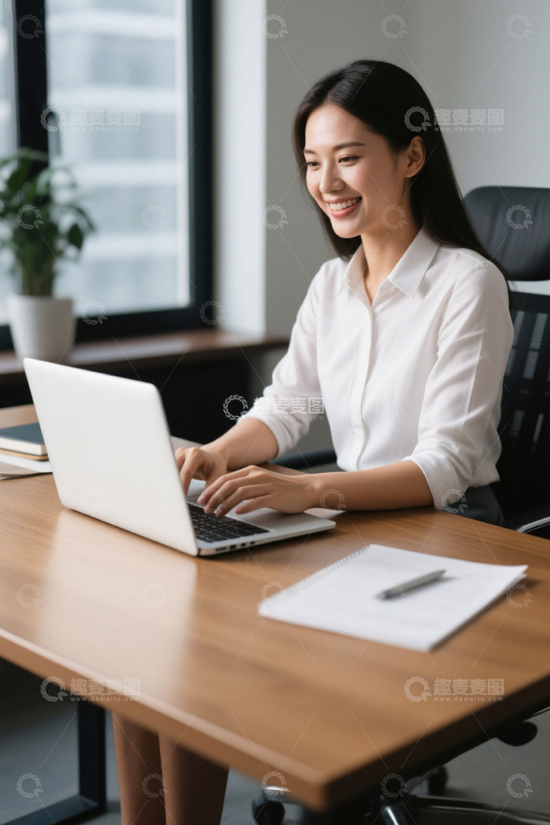 高清大图下载【趣麦麦图】年轻女子办公室工作电脑微笑