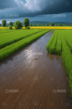 雨中绿色农田与泥泞小路