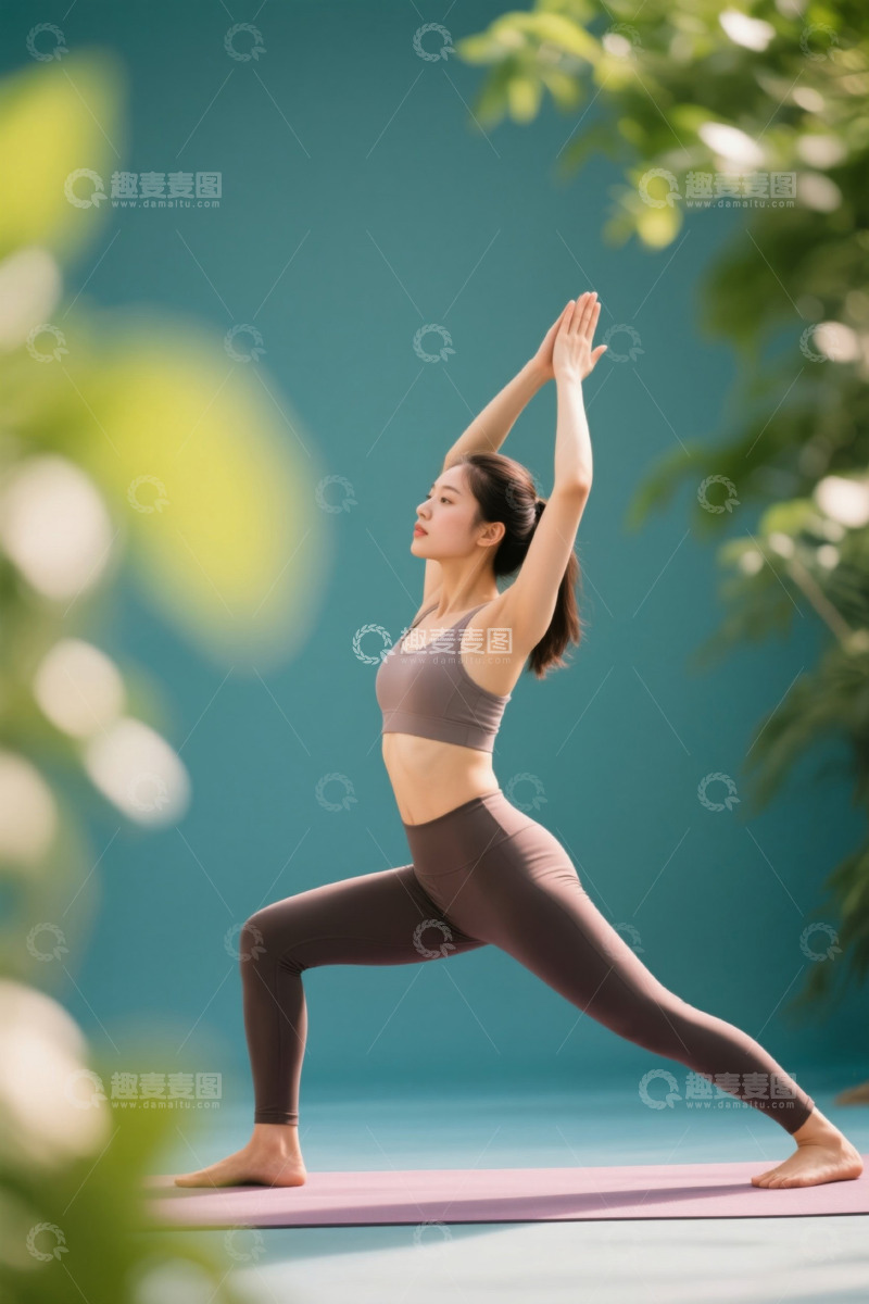 高清大图下载【趣麦麦图】瑜伽女孩户外练习战士二式