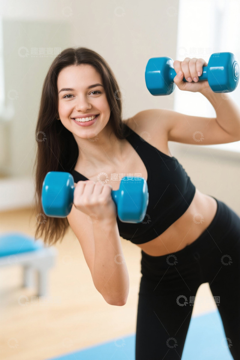 高清大图下载【趣麦麦图】健身房里举哑铃的年轻女子