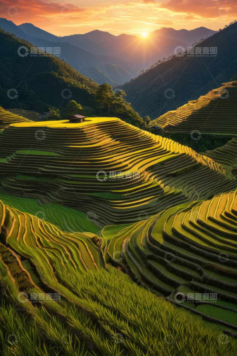 高清大图下载【趣麦麦图】夕阳下的山间梯田风光
