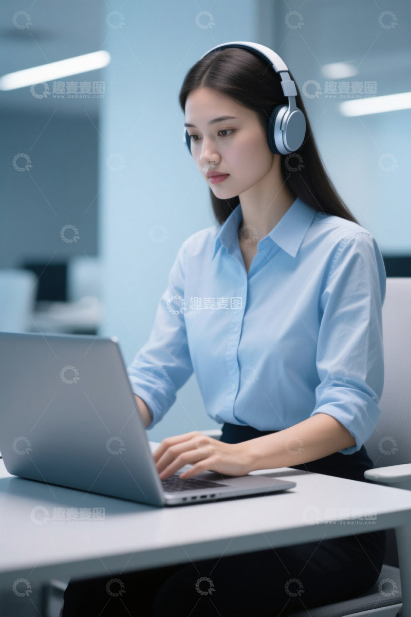 高清大图下载【趣麦麦图】耳机女子专注办公电脑