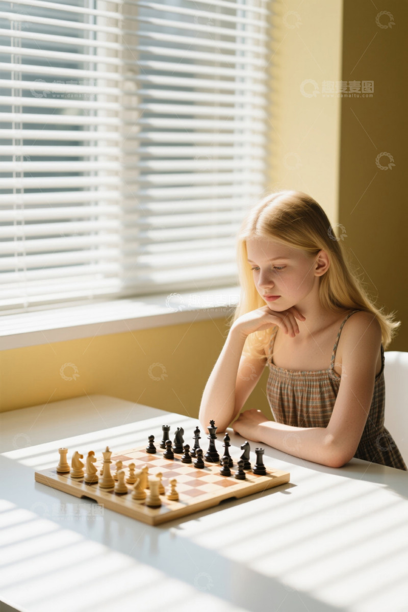 高清大图下载【趣麦麦图】阳光下女孩专注下棋