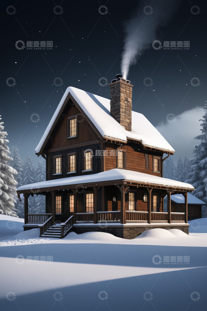 高清大图下载【趣麦麦图】雪夜中的温馨木屋