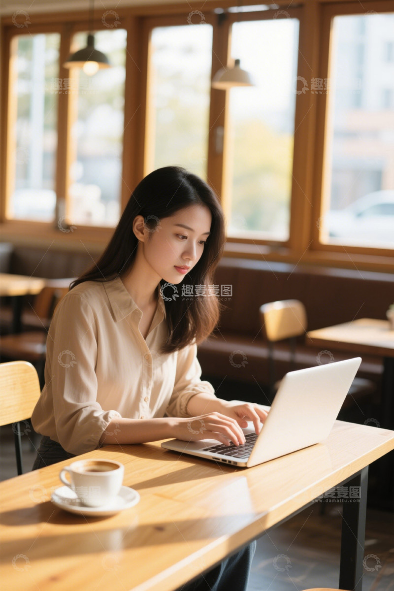 高清大图下载【趣麦麦图】咖啡馆里认真工作的年轻女子