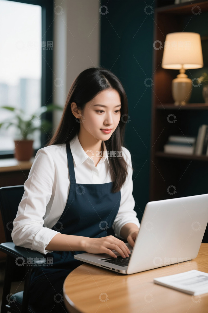 高清大图下载【趣麦麦图】年轻女子咖啡店使用笔记本电脑