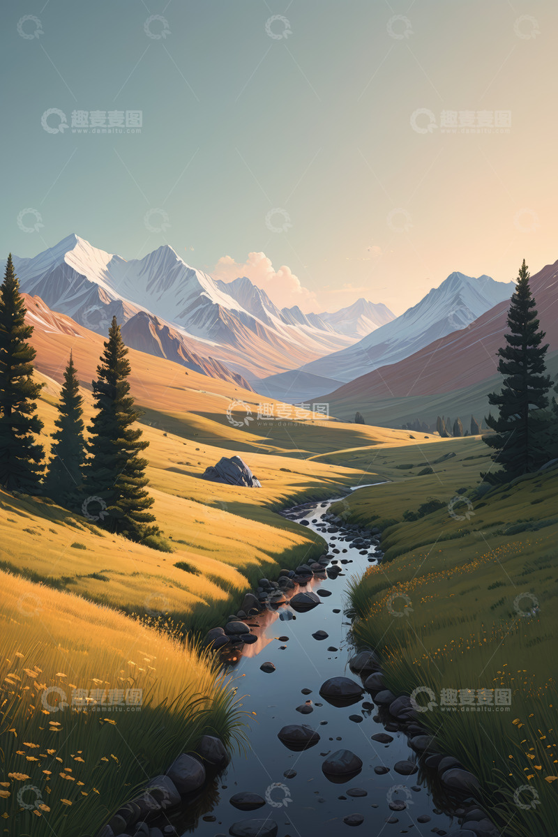 高清大图下载【趣麦麦图】山间溪流与草原森林风光