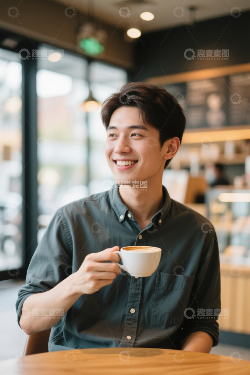 高清大图下载【趣麦麦图】咖啡馆里微笑的年轻男子