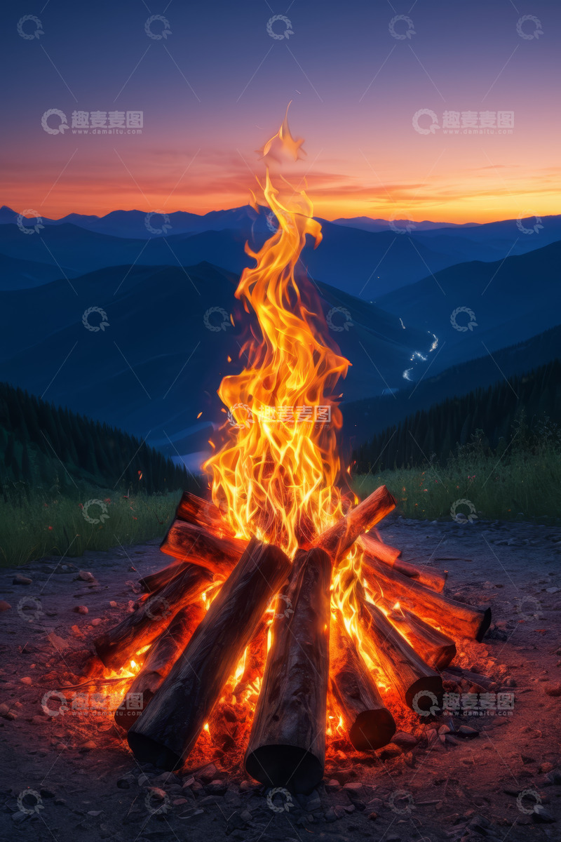 高清大图下载【趣麦麦图】山间暮色中的篝火