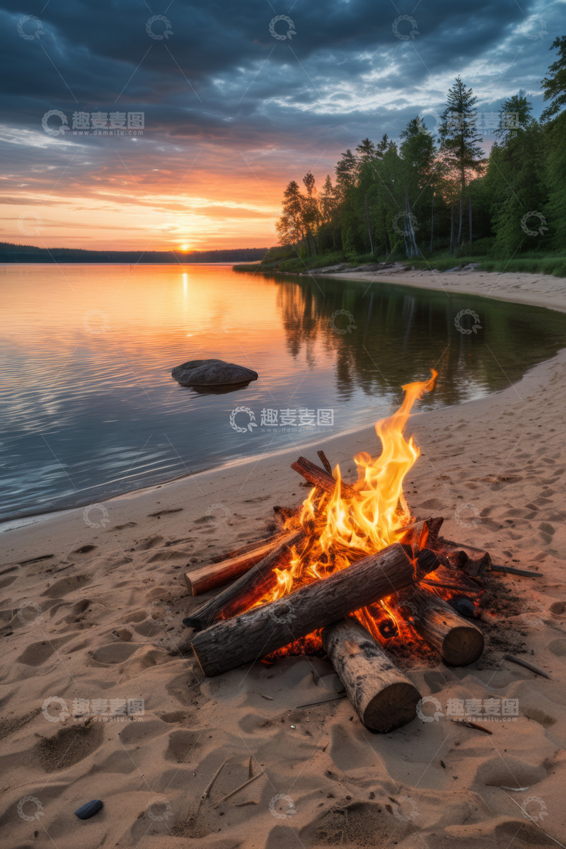 高清大图下载【趣麦麦图】湖边沙滩篝火日落景象