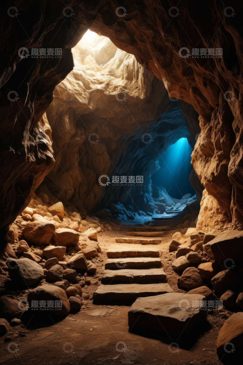 高清大图下载【趣麦麦图】洞穴内部岩石与石阶景象