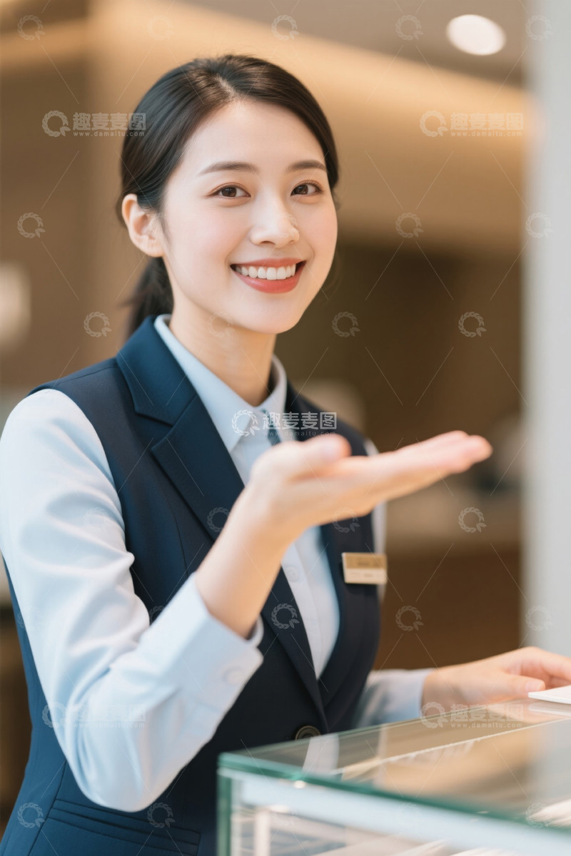 高清大图下载【趣麦麦图】微笑的年轻女店员热情接待顾客