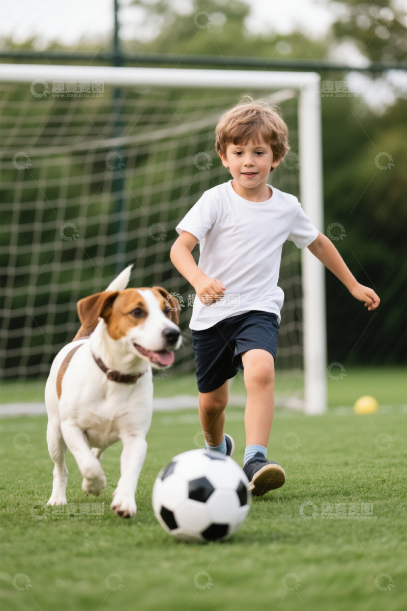 高清大图下载【趣麦麦图】男孩和狗狗一起踢足球快乐玩耍