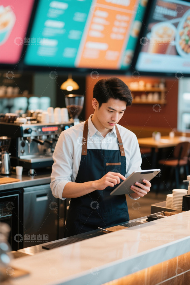 高清大图下载【趣麦麦图】咖啡店员工使用平板电脑工作