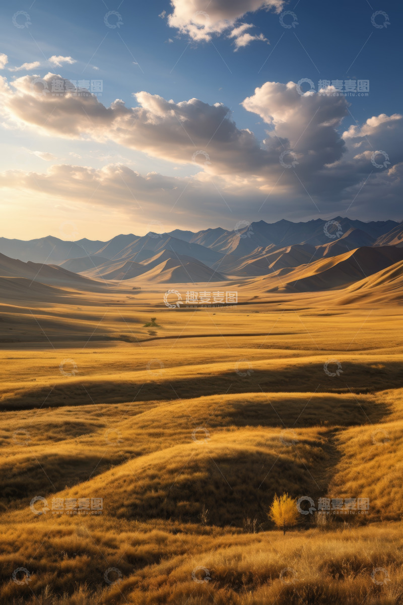高清大图下载【趣麦麦图】金色草原与远山的自然风光
