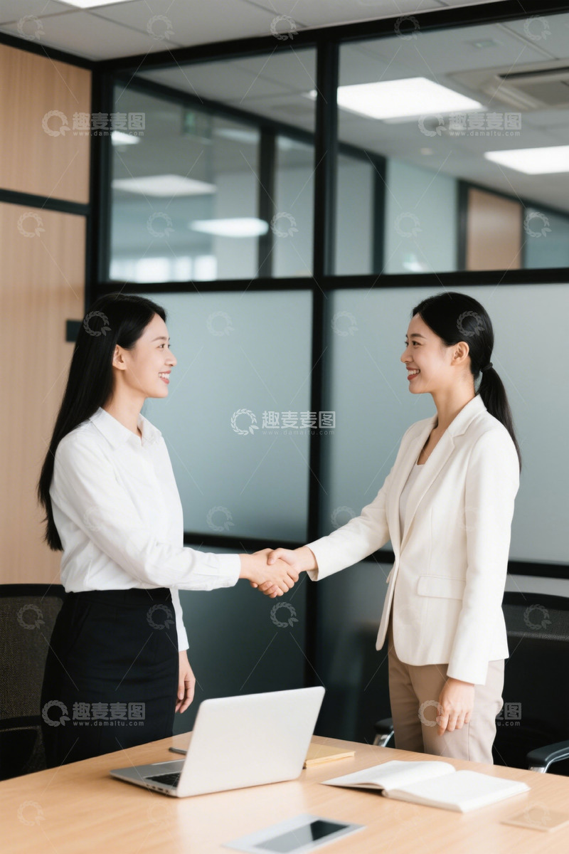 高清大图下载【趣麦麦图】职场女性握手交谈洽谈合作