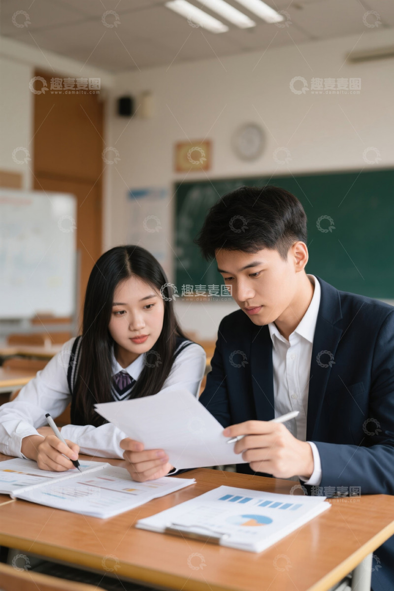 高清大图下载【趣麦麦图】高中生课桌前认真学习讨论