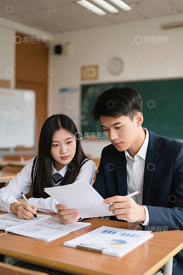 高中生课桌前认真学习讨论