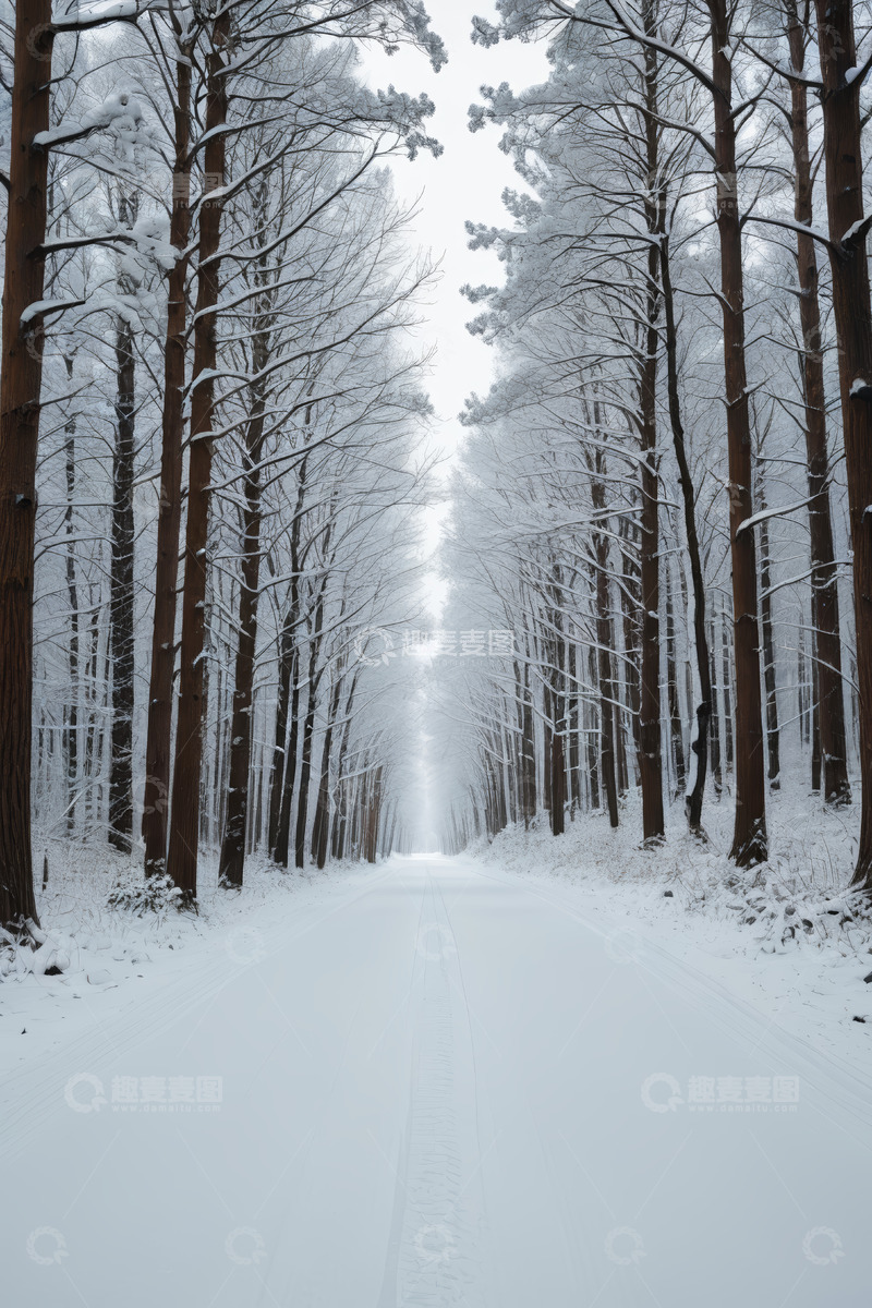 高清大图下载【趣麦麦图】冬日雪覆盖的森林道路景象
