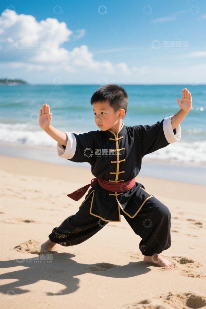 高清大图下载【趣麦麦图】男孩沙滩练武术姿势优美