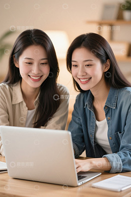 高清大图下载【趣麦麦图】两位年轻女子在室内使用笔记本电脑