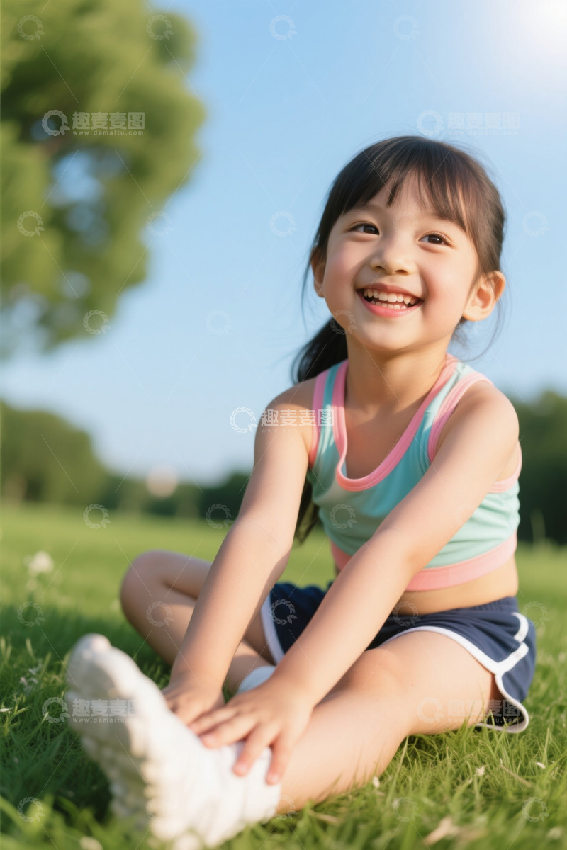 高清大图下载【趣麦麦图】快乐女孩草地伸展运动