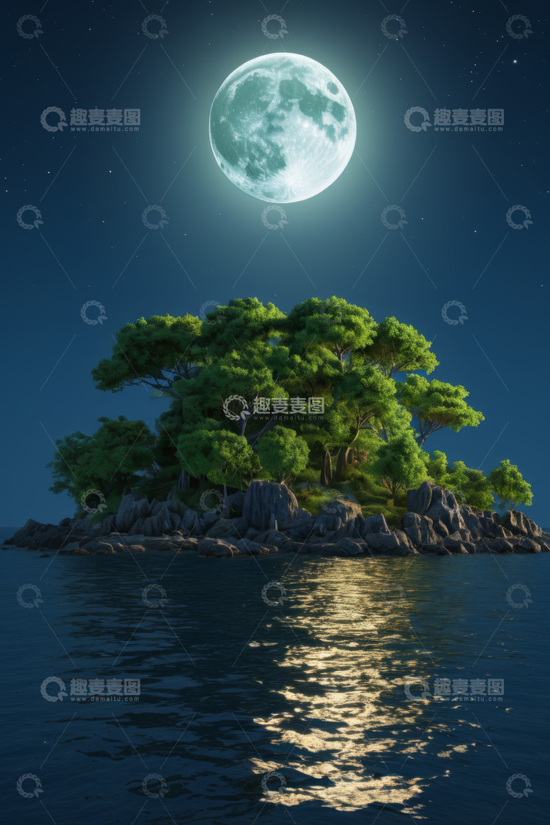 高清大图下载【趣麦麦图】月夜下海中孤岛与繁茂树木