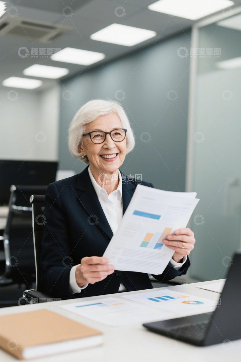 高清大图下载【趣麦麦图】微笑的老年女企业家审阅文件